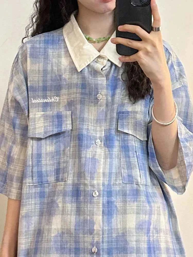 Women Retro Loose Oversize Printed Short Sleeve Shirt