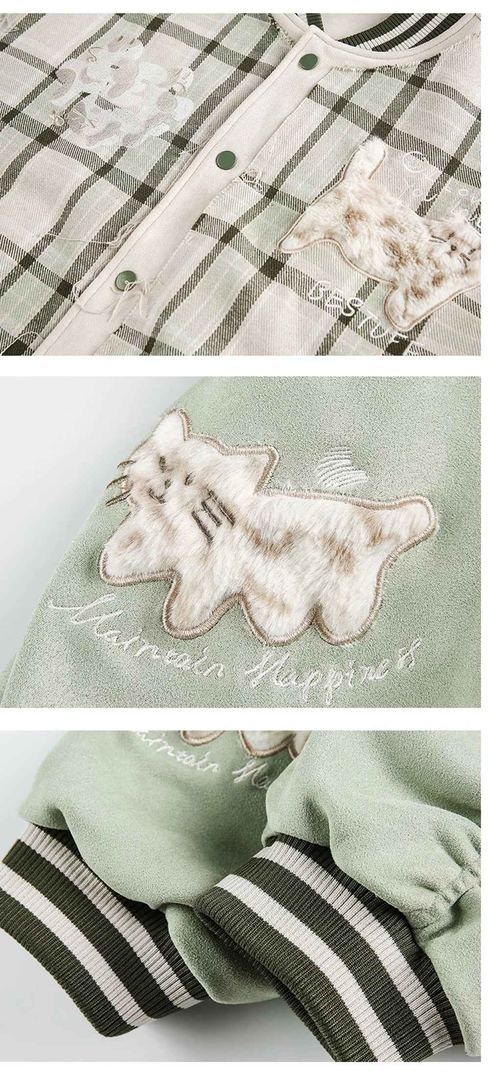 Trendy Embroidered Patchwork Plaid Varsity Jacket