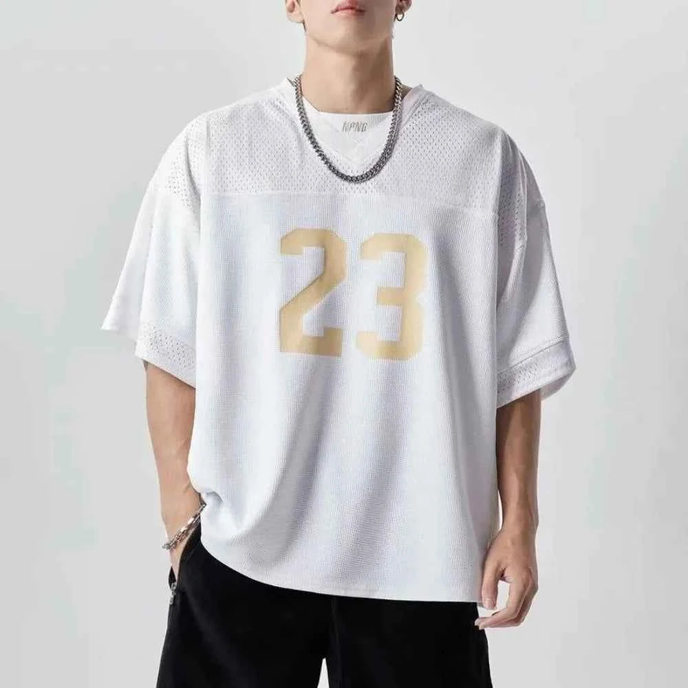 Sporty American Style Print Jersey Mesh T-Shirt