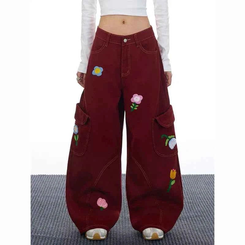 Y2K Versatile 2000s Style Red Floral Cargo Jeans