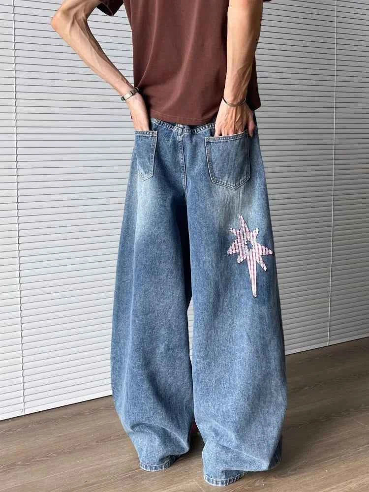 Star Embroidery Baggy Stacked Hip Hop Jeans
