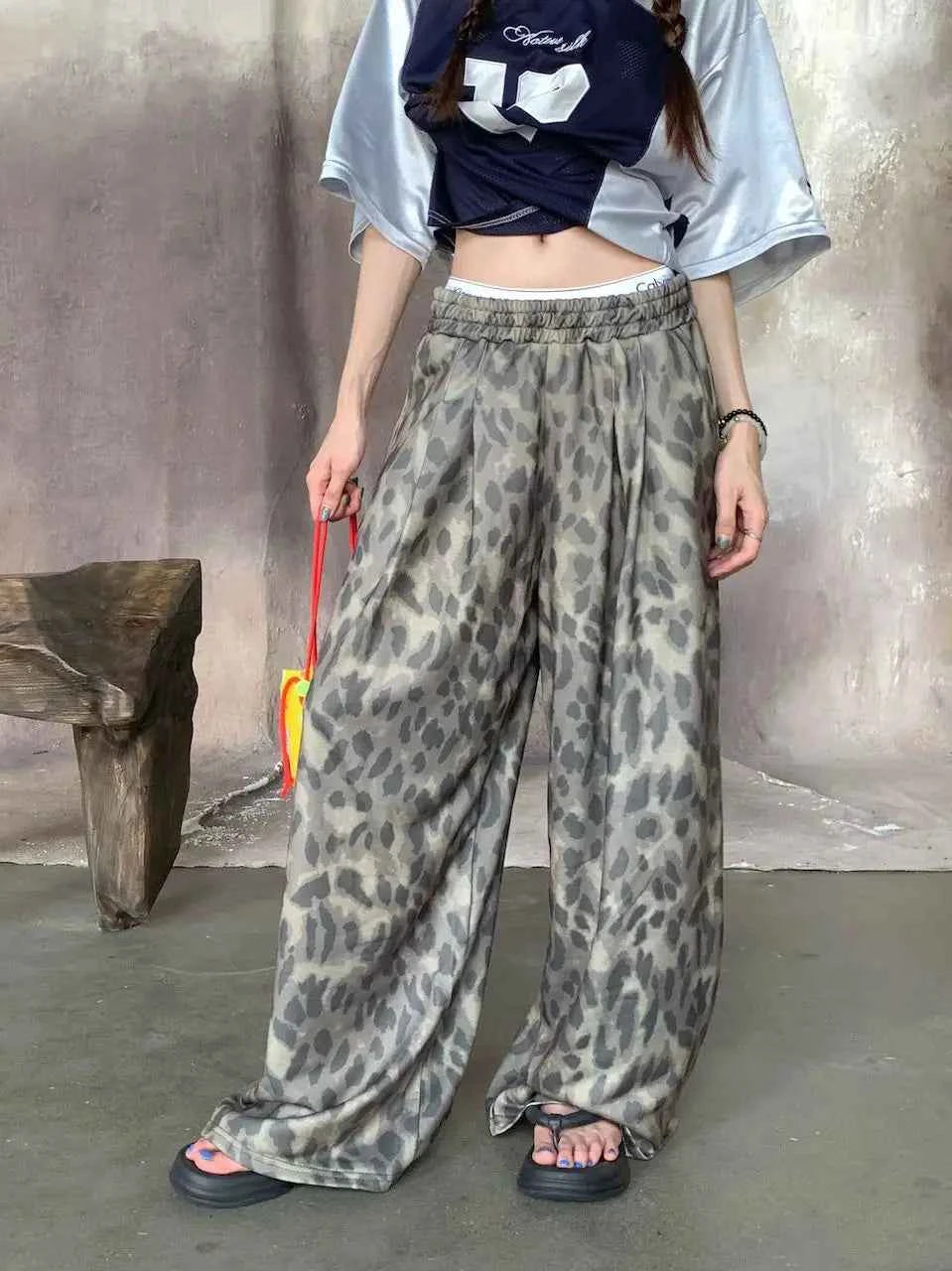 Chic Leopard Print Retro Wide Leg Pants