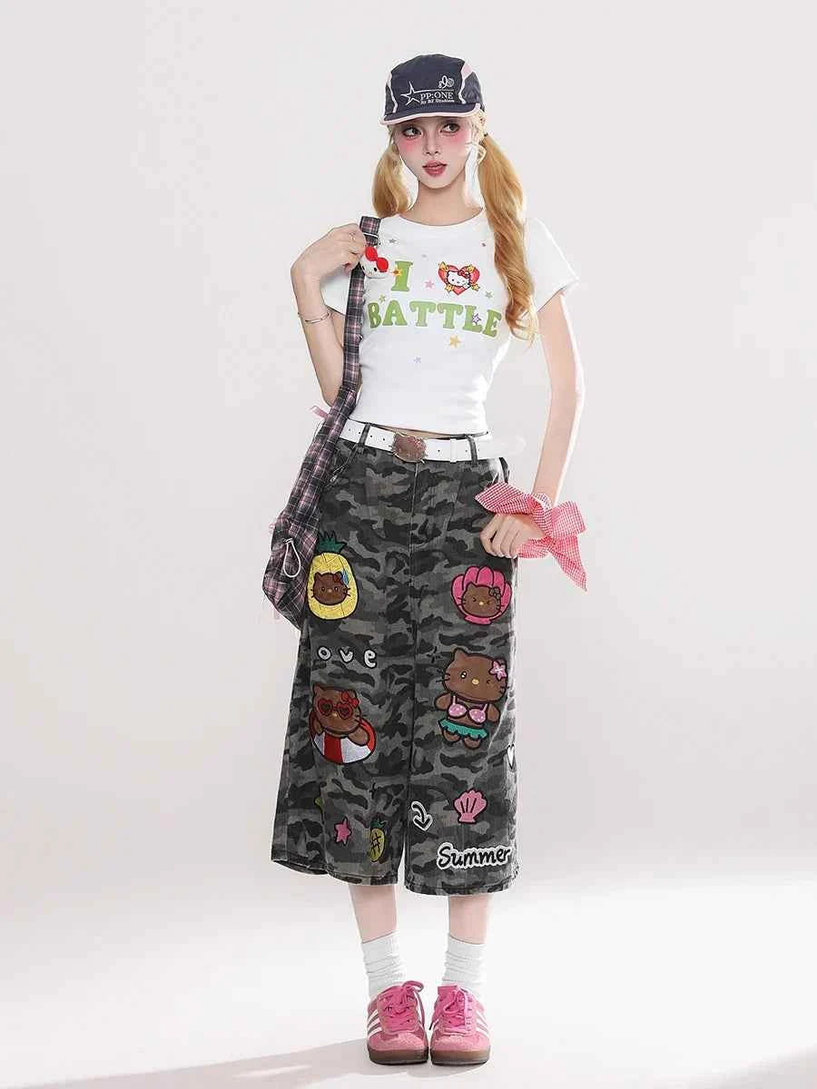 Reddachic Cartoon Patched Camo Jorts