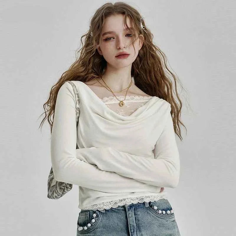 White Lace Pleated Round Neck T-Shirt