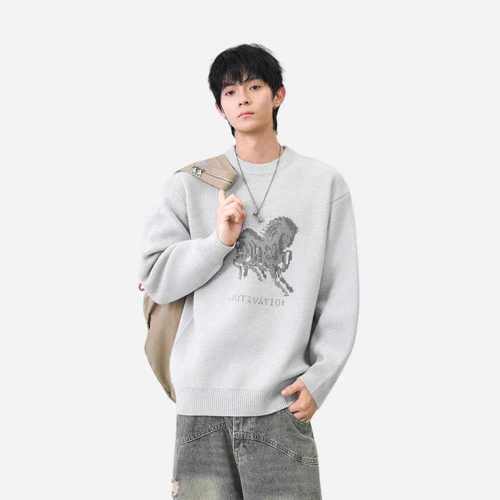 Cozy Horse Print Crew Neck Classic Sweater