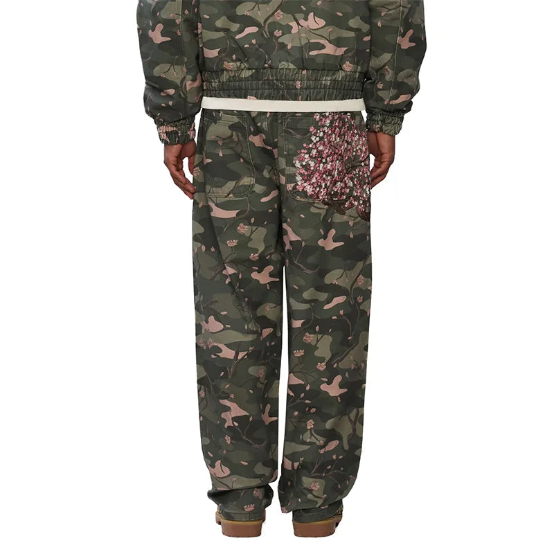 LUW Cherry Blossom Embroidery Camouflage Pattern Streetwear Jeans