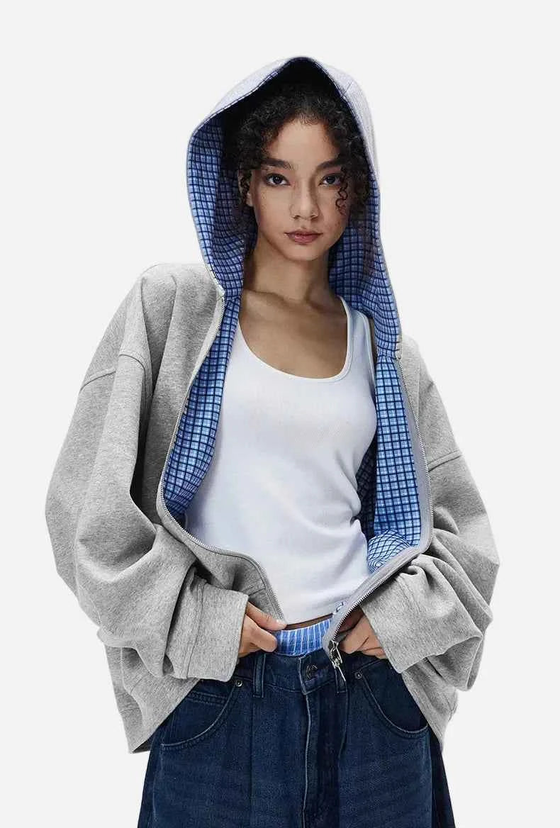 Plaid Unisex Couple Boxy Hooded Sweatshirt
