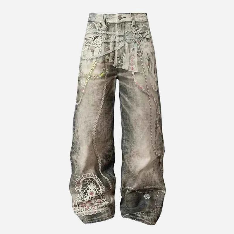 American High Street 3D Print Wide Leg Jeans