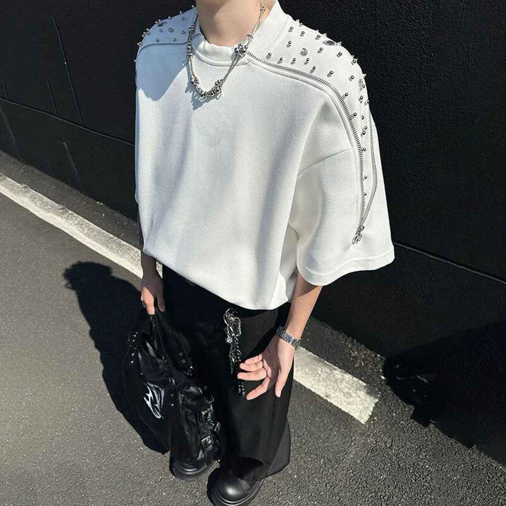 Rhinestone Beaded Zipper Shoulder Pad T-Shirt