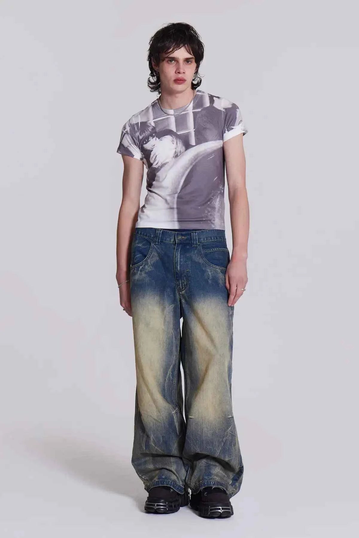 Vintage Wing Pattern Baggy Wide Leg Jeans