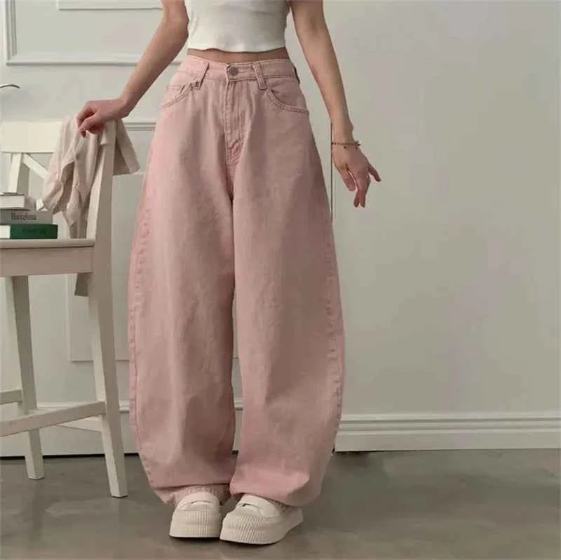 Women Retro High Waist Washed Loose Jeans