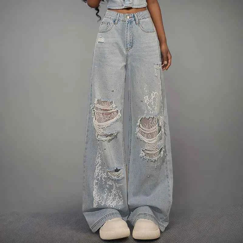 Women New Trendy Lace Hole High Jeans