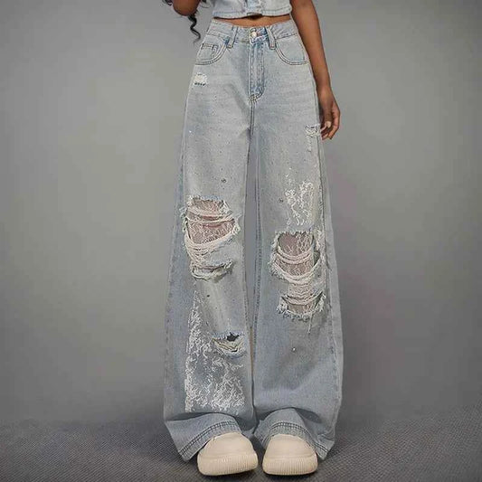 Women New Trendy Lace Hole High Jeans