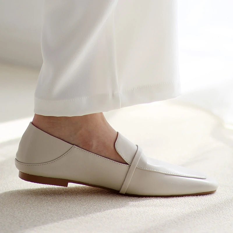 Cow Leather Square Toe Women Flats Casual Loafers Women Shoe Without Heel 2025 New Spring Autumn Mules Woman Simple White Shoes