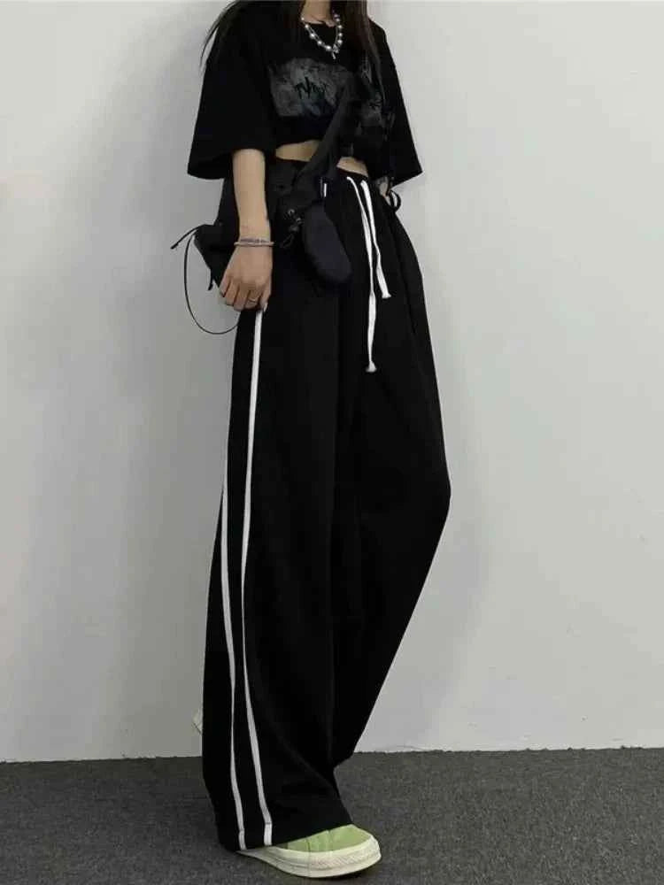 Women Vintage Striped High Waist Black Casual Pants