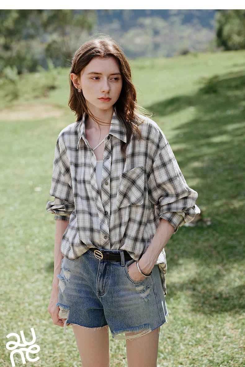Women Plaid Retro Long Sleeve Blouse Shirt