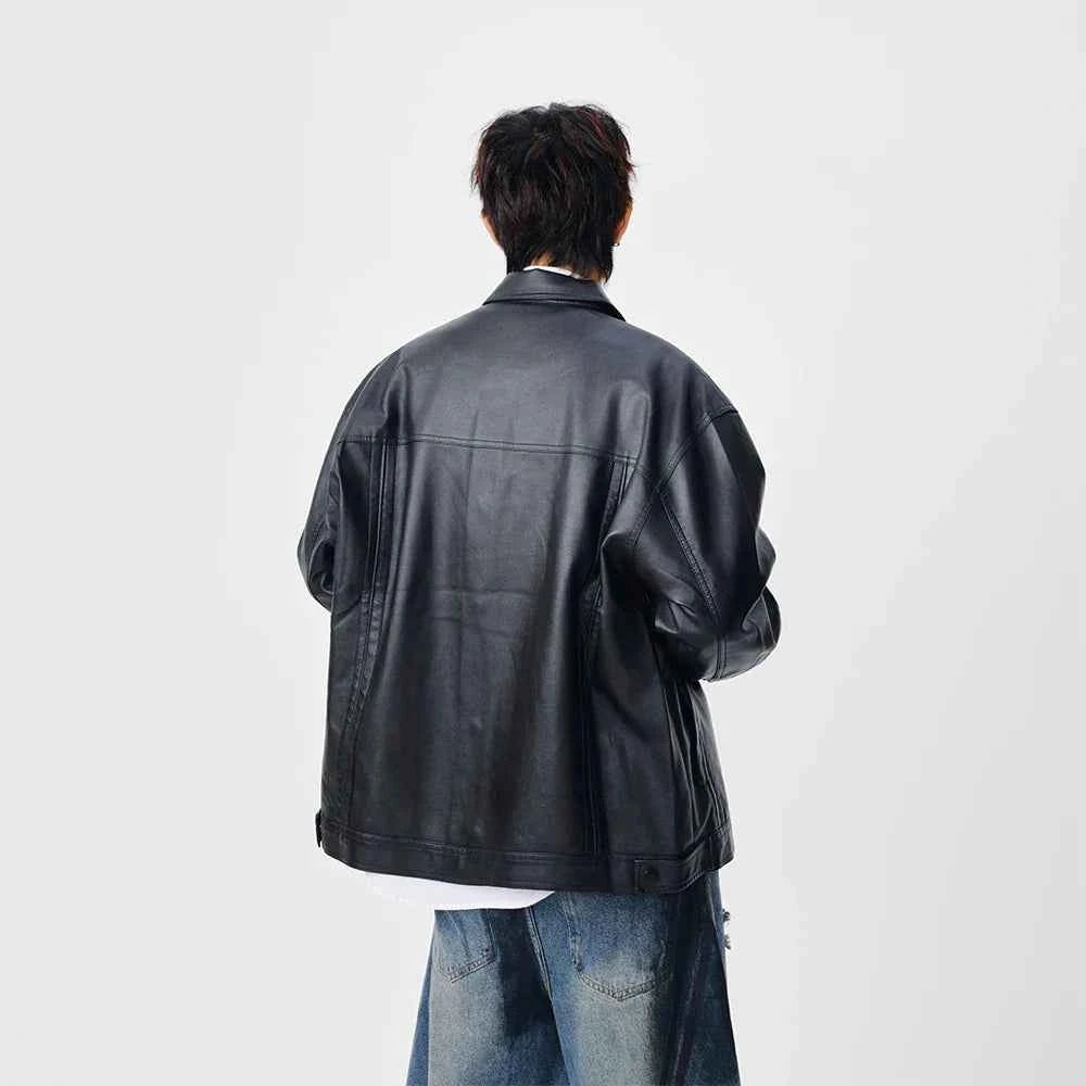 Trendy Faux Leather Lapel Button Jacket