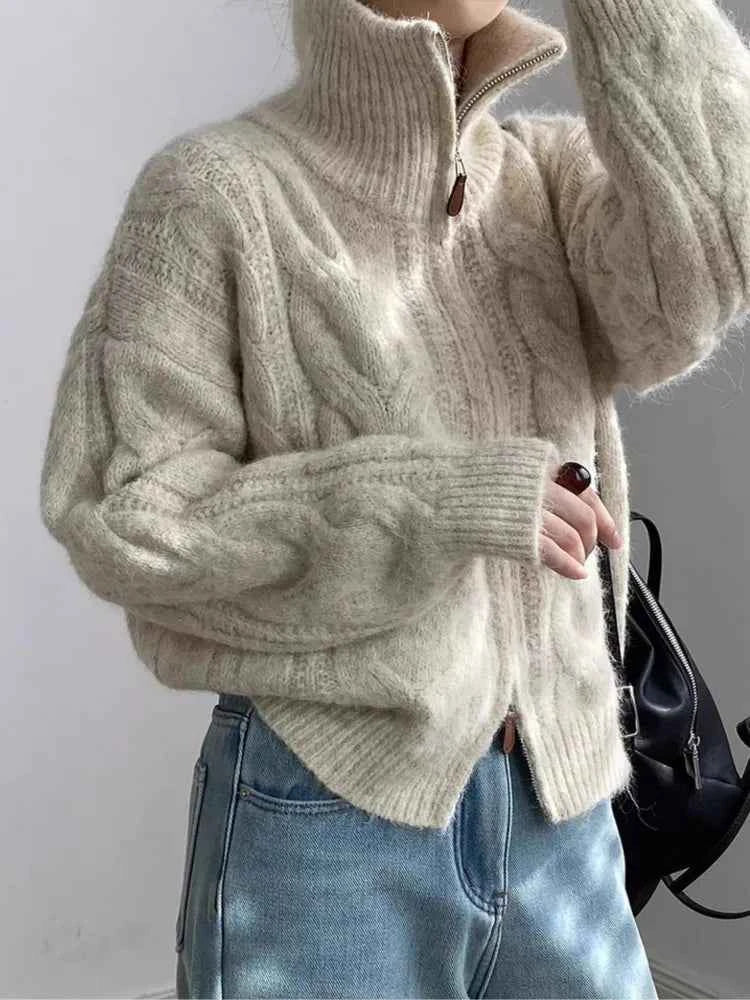 Soft Waxy High Neck Zipper Sweater