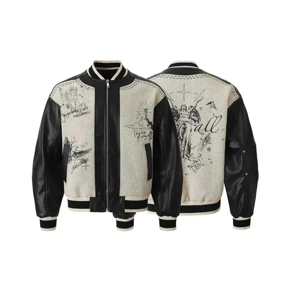 Streetwear High Street Patchwork Leather Varsity Jacket