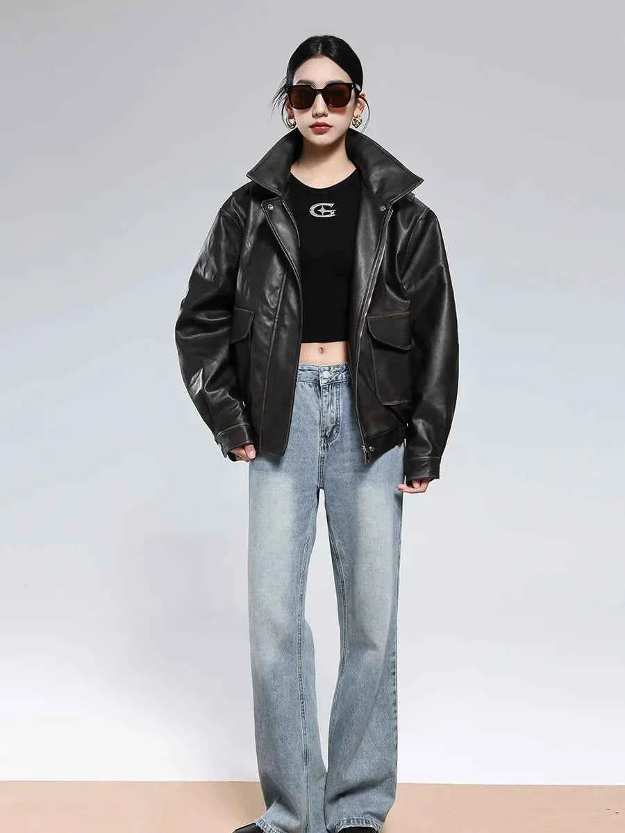 Women Vintage Distressed Brown Leather Jacket