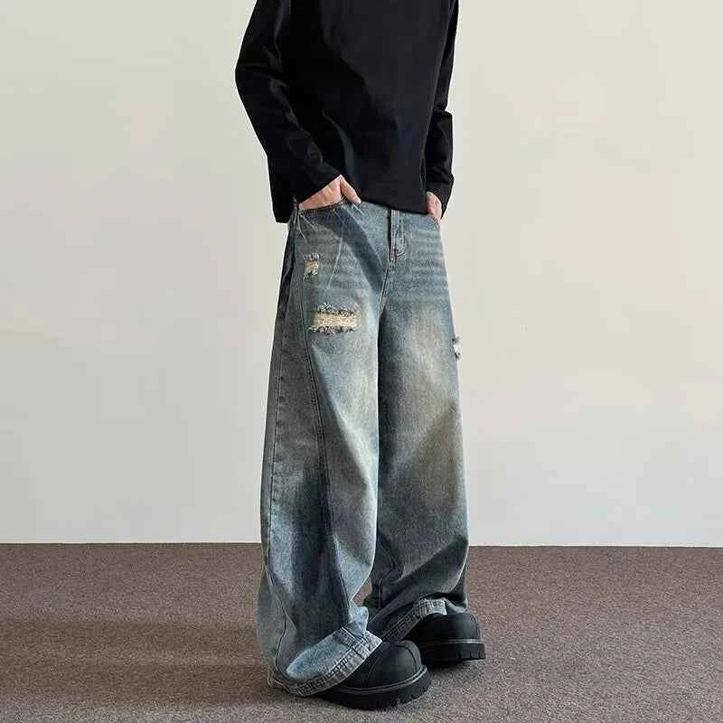 Vintage Streetwear Ripped Straight Wide Jeans