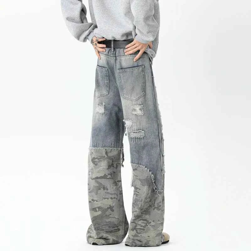 Stylish Camouflage Ripped Patchwork Wide Jeans