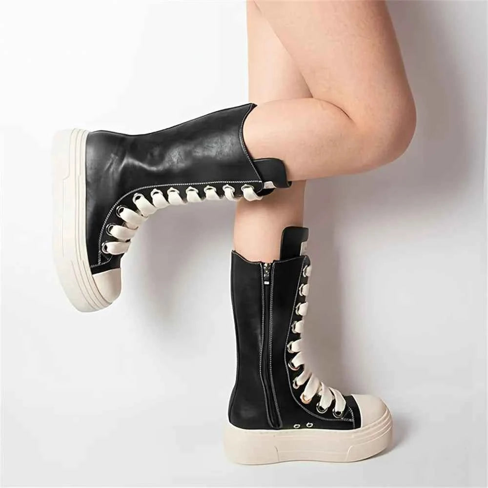 Stylish Zipper And Lace-Up Mid-Calf Boots