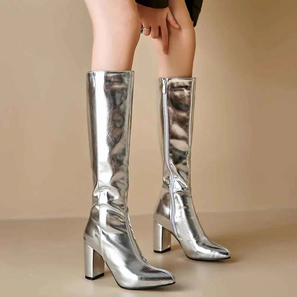 Elegant Metallic Zipper Knee High Leather Boots