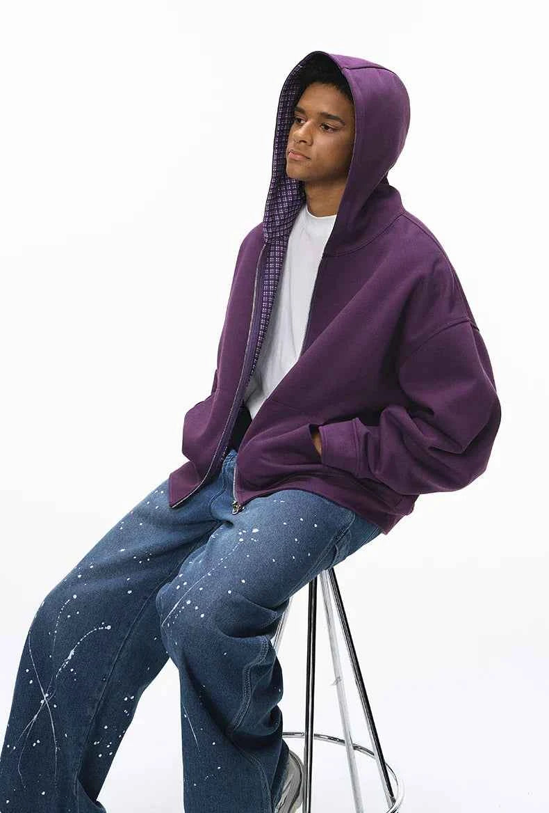 Plaid Unisex Couple Boxy Hooded Sweatshirt