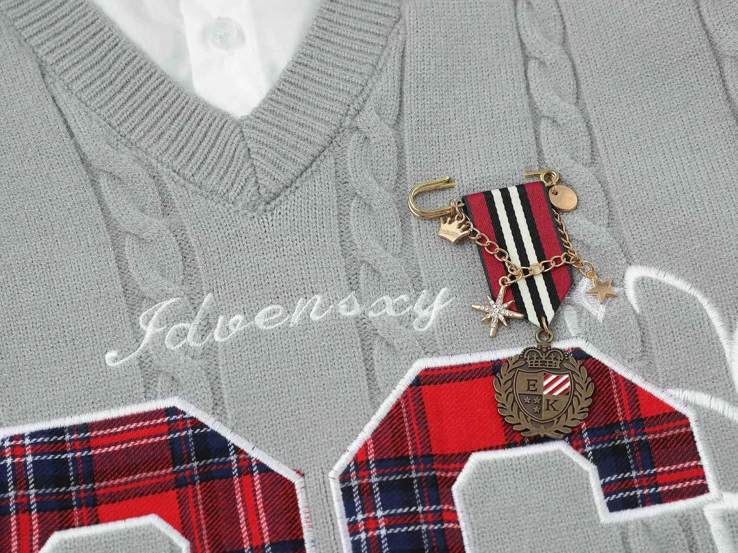 Plaid Letter With Necktie Shirt Embroidery Sweater