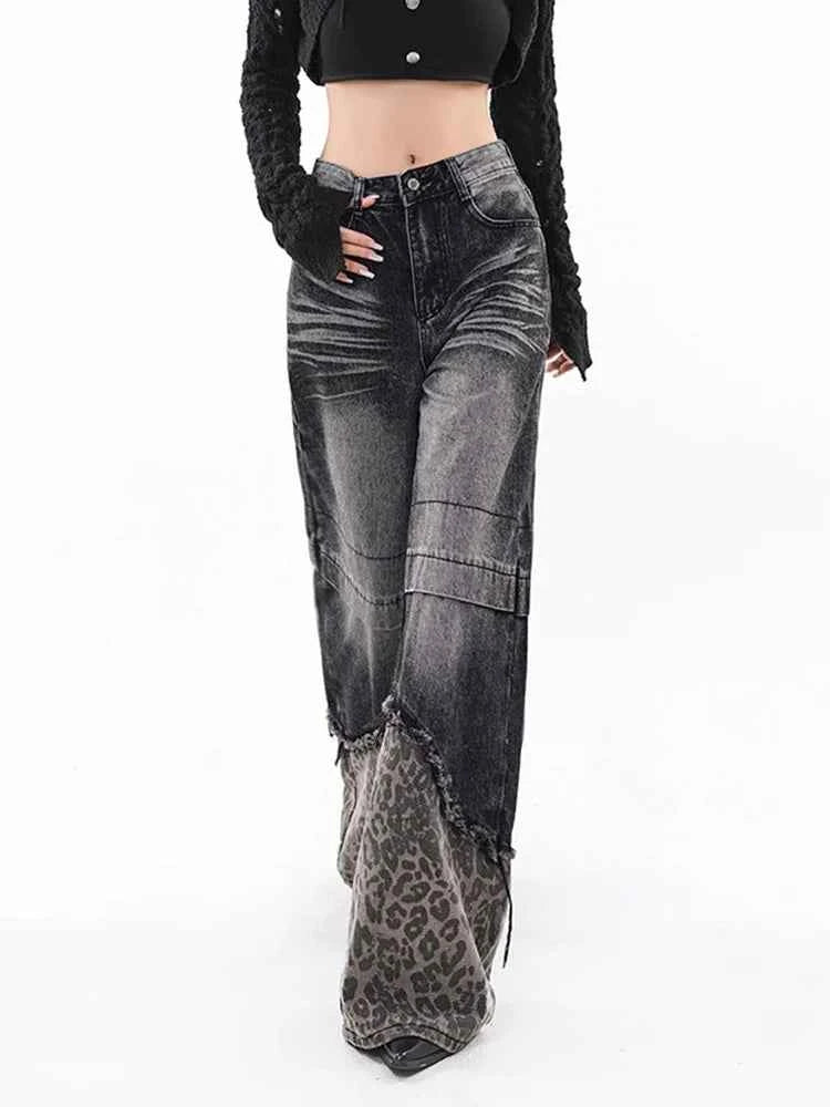 Minimal Look Leopard Spliced High Waist Jeans