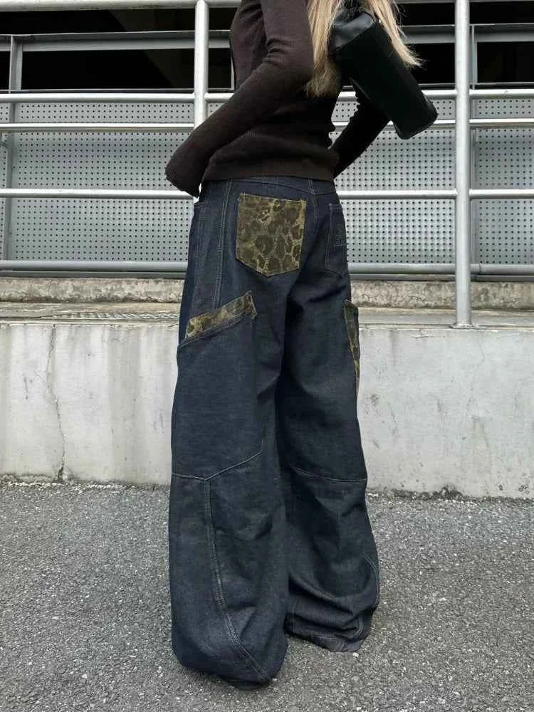 Chic Leopard Spliced Hip Hop Cargo Jeans