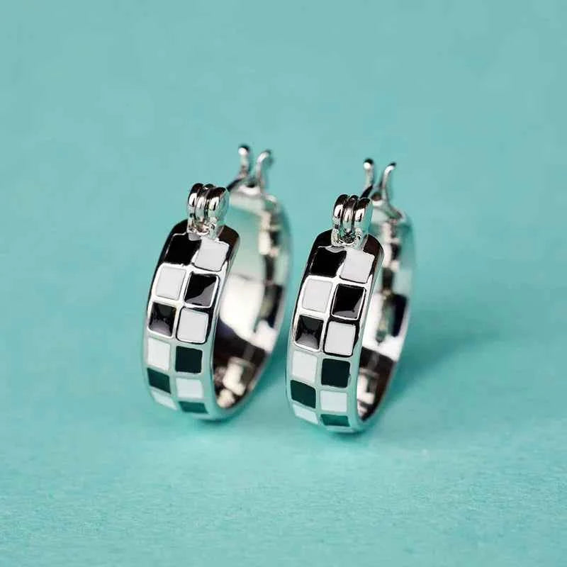 Elegant Black White Grid Hoop Earrings