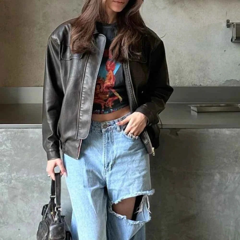 Women Chic Fashionable Zipper Leather Jacket