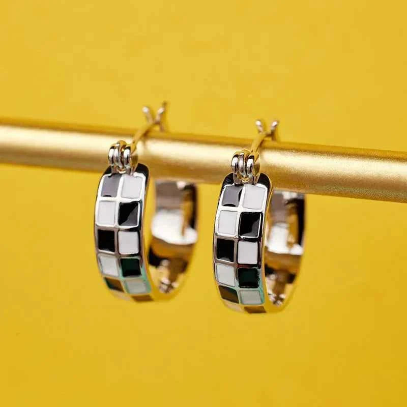 Elegant Black White Grid Hoop Earrings