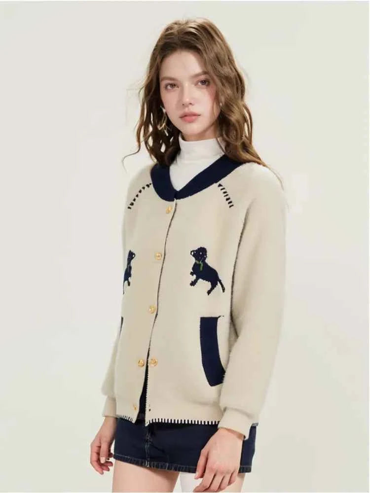 Cozy French Puppy Jacquard Knit Cardigan