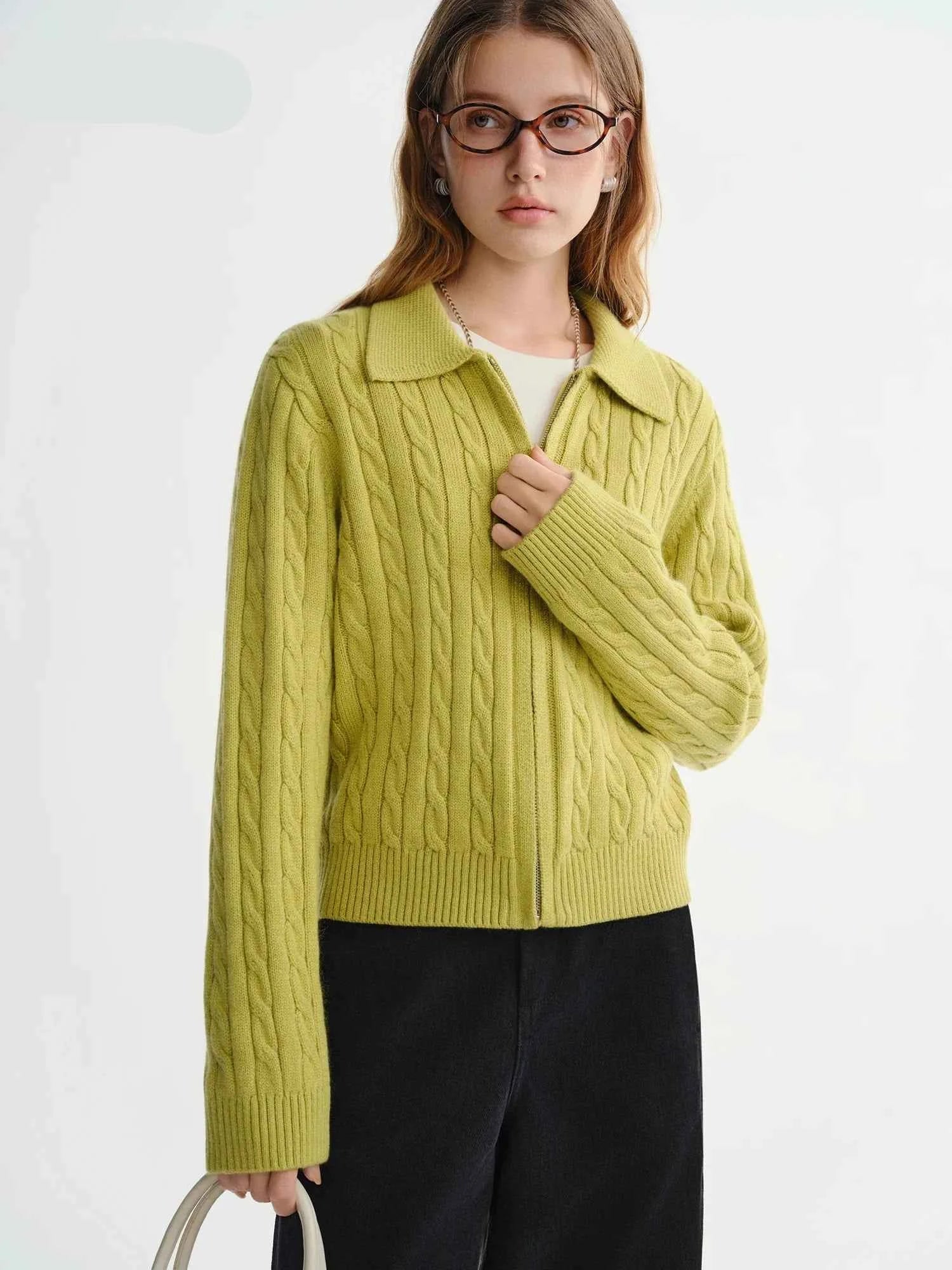 Soft Waxy Knitted Turn-Down Collar Zipper Cardigan