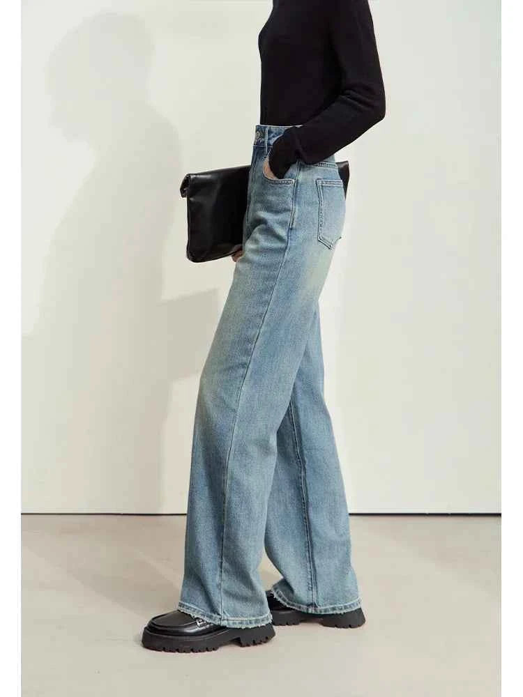 Amii Minimalism Leather Contrast Jeans