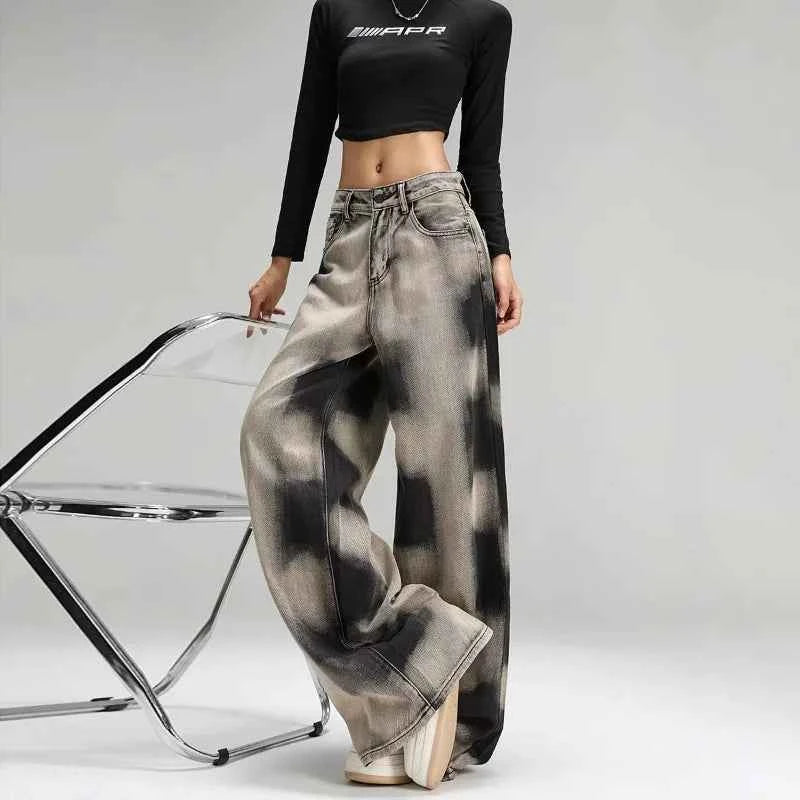 Women Vintage Grey Tie Dye Baggy Jeans