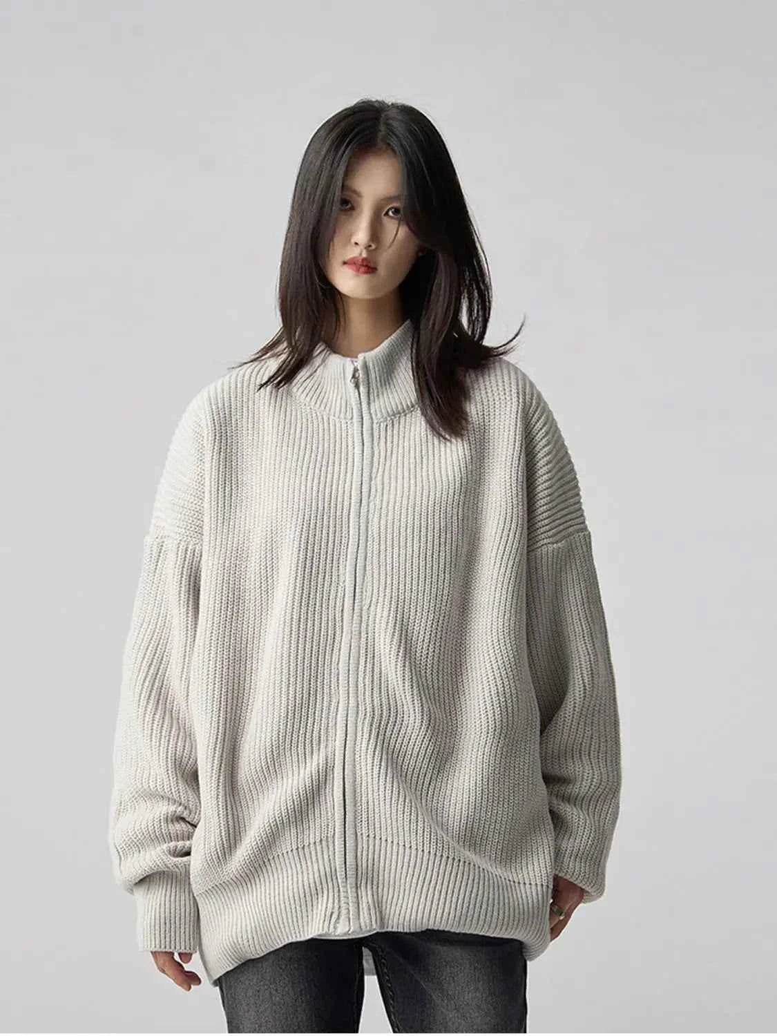 Women Versatile Retro Knitted Zipper Cardigan