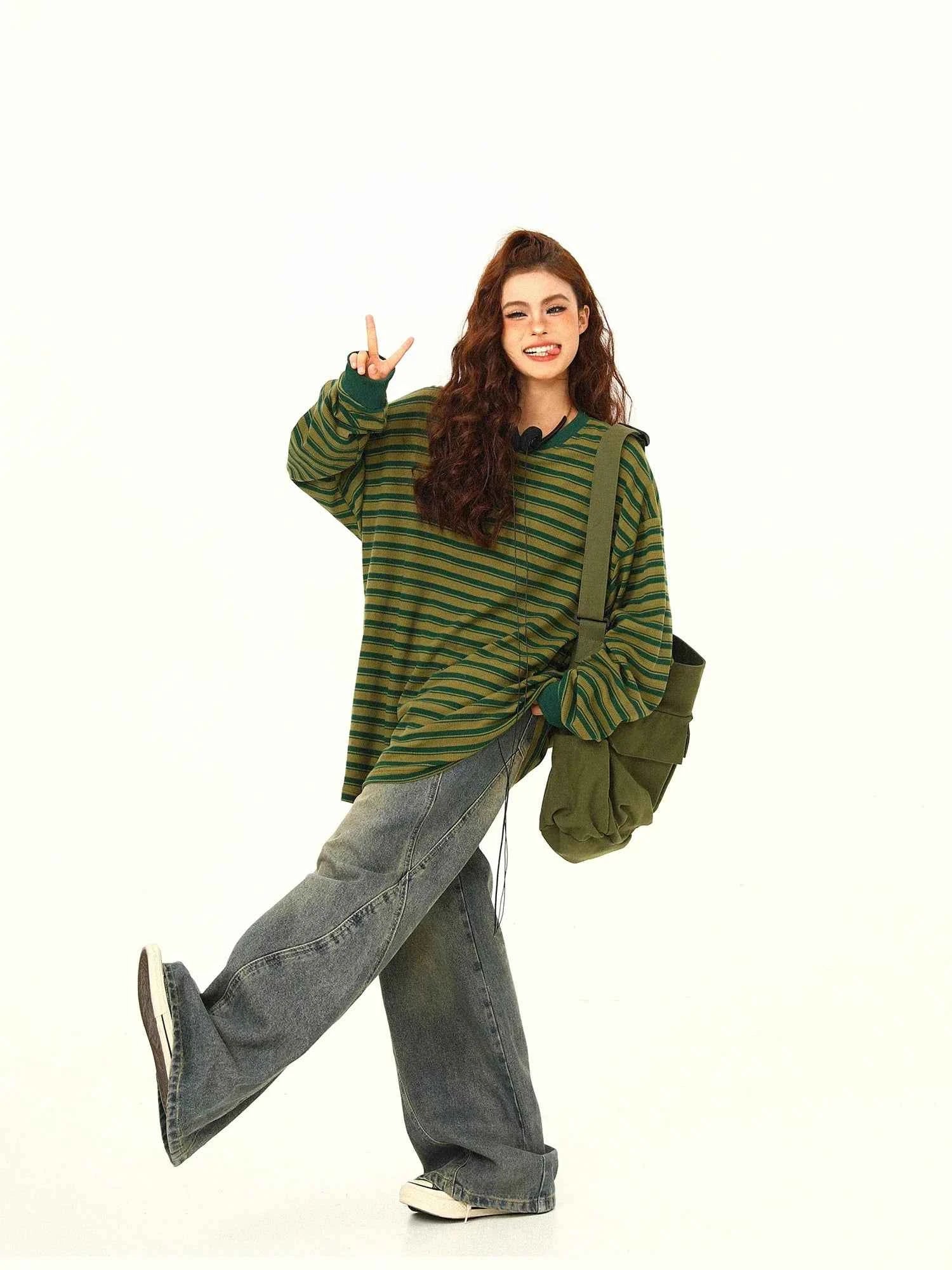 Green Stripe Loose Casual Sweatshirt