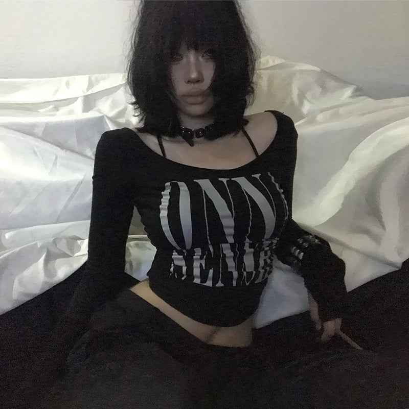 Gothic Letter Print Irregular Crop T-Shirt