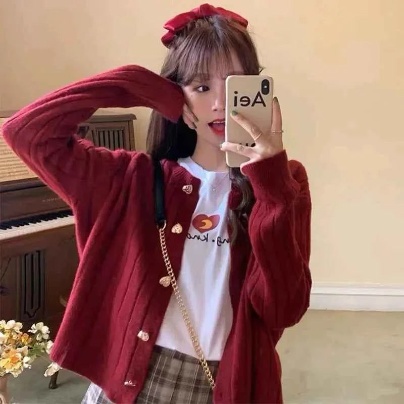 Women Classic Burgundy Knit with Heart Button Cardigan