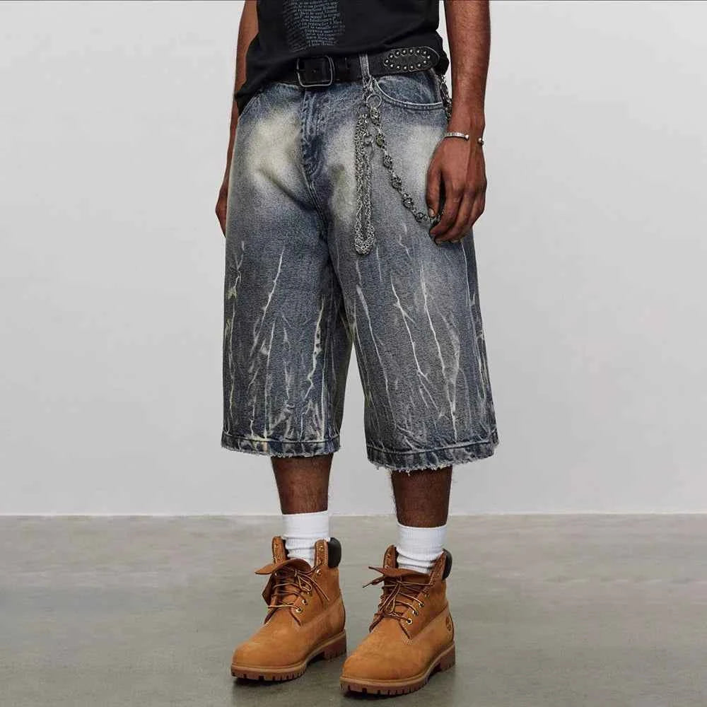 Lightning Pattern Washed Cropped Denim Jorts