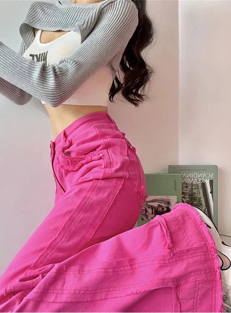 Pink Y2K High Waist Wide Leg Jeans - Luxuryurbanwear