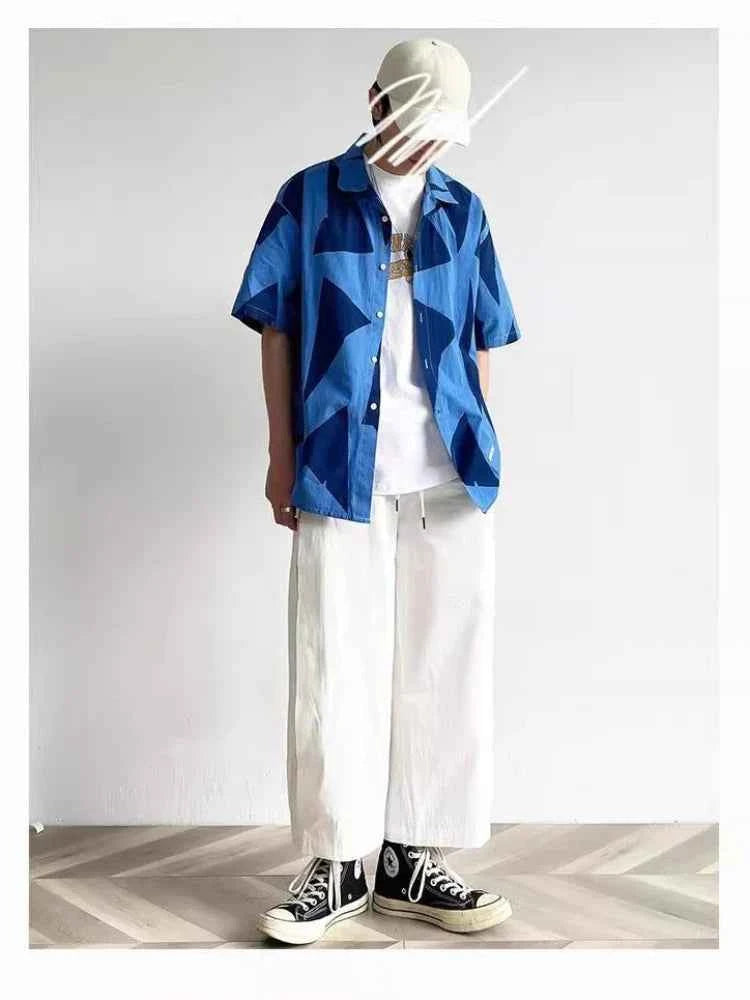 Y2K Street Style Navy Geometric Print Short Sleeve Shirt