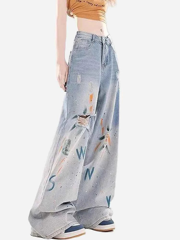 Streetwear Ripped High Waist Painted Wide Leg Jeans