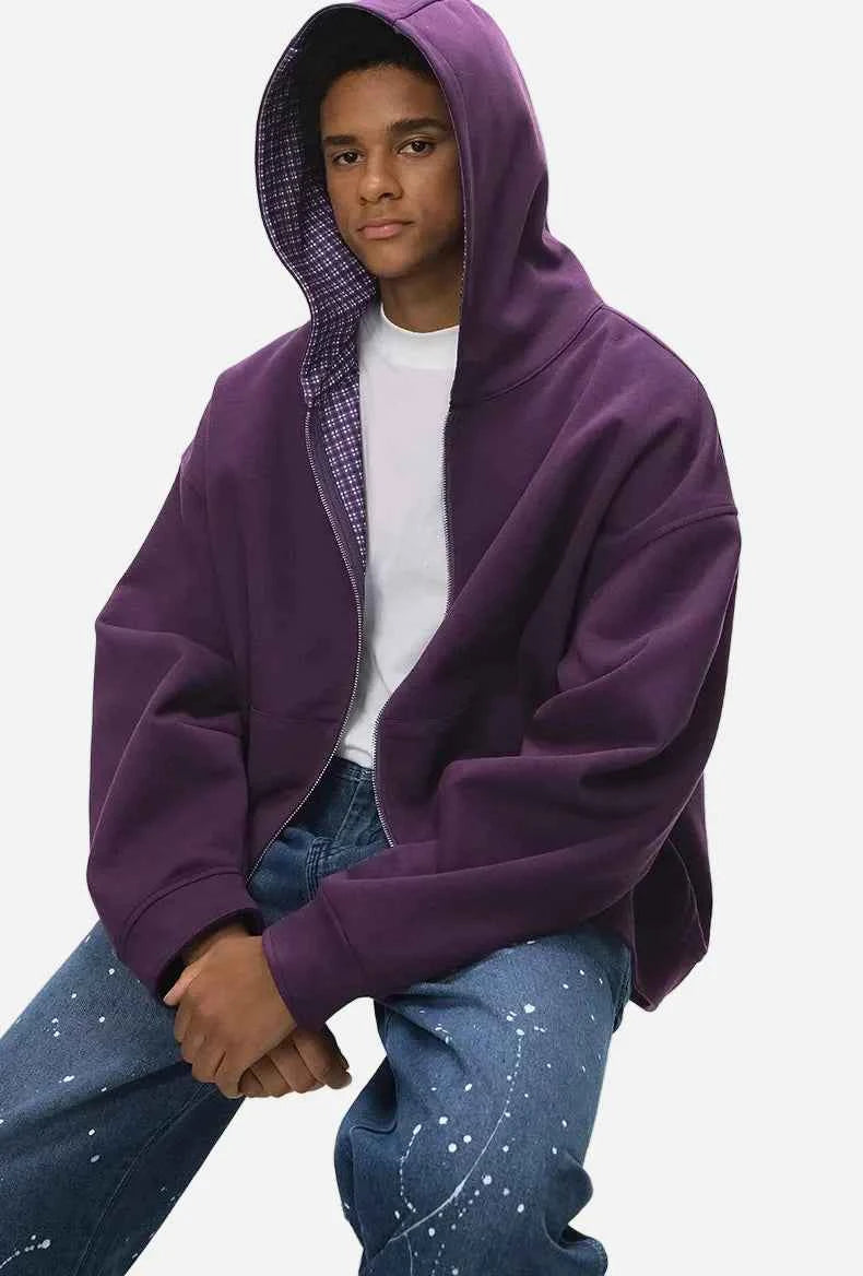 Plaid Unisex Couple Boxy Hooded Sweatshirt