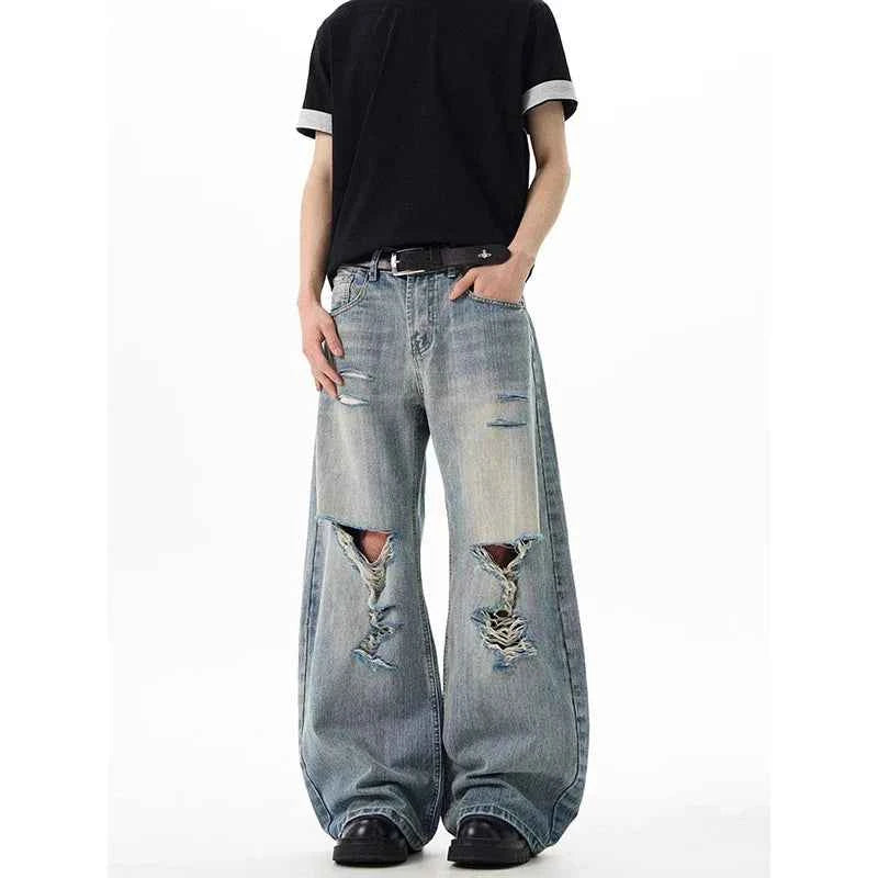 Vintage Blue Ripped Wide Leg Jeans