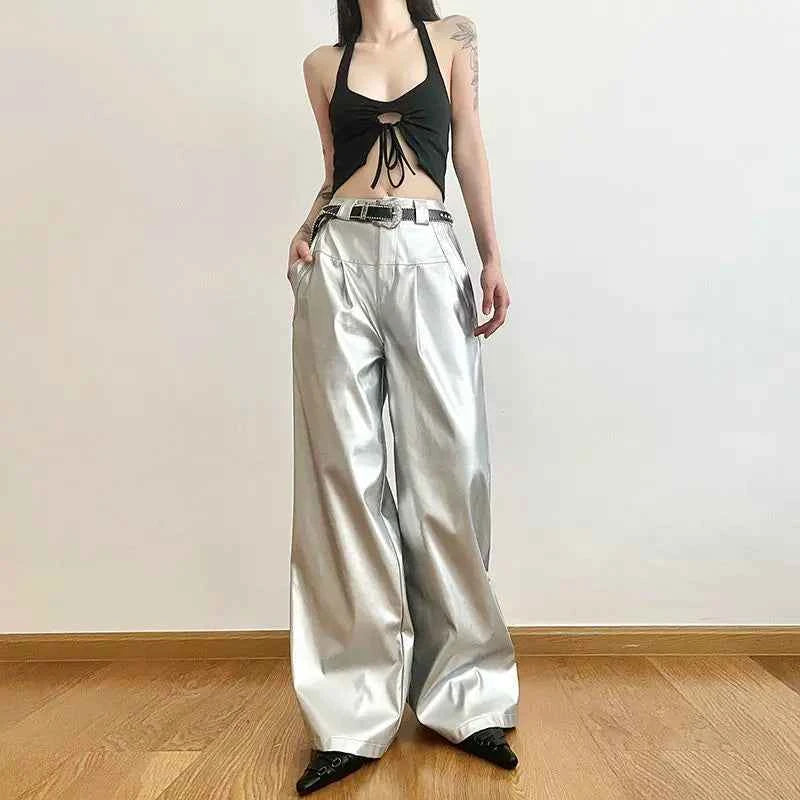 Y2K Women Streetwear Hip Hop Silver Leather Pants